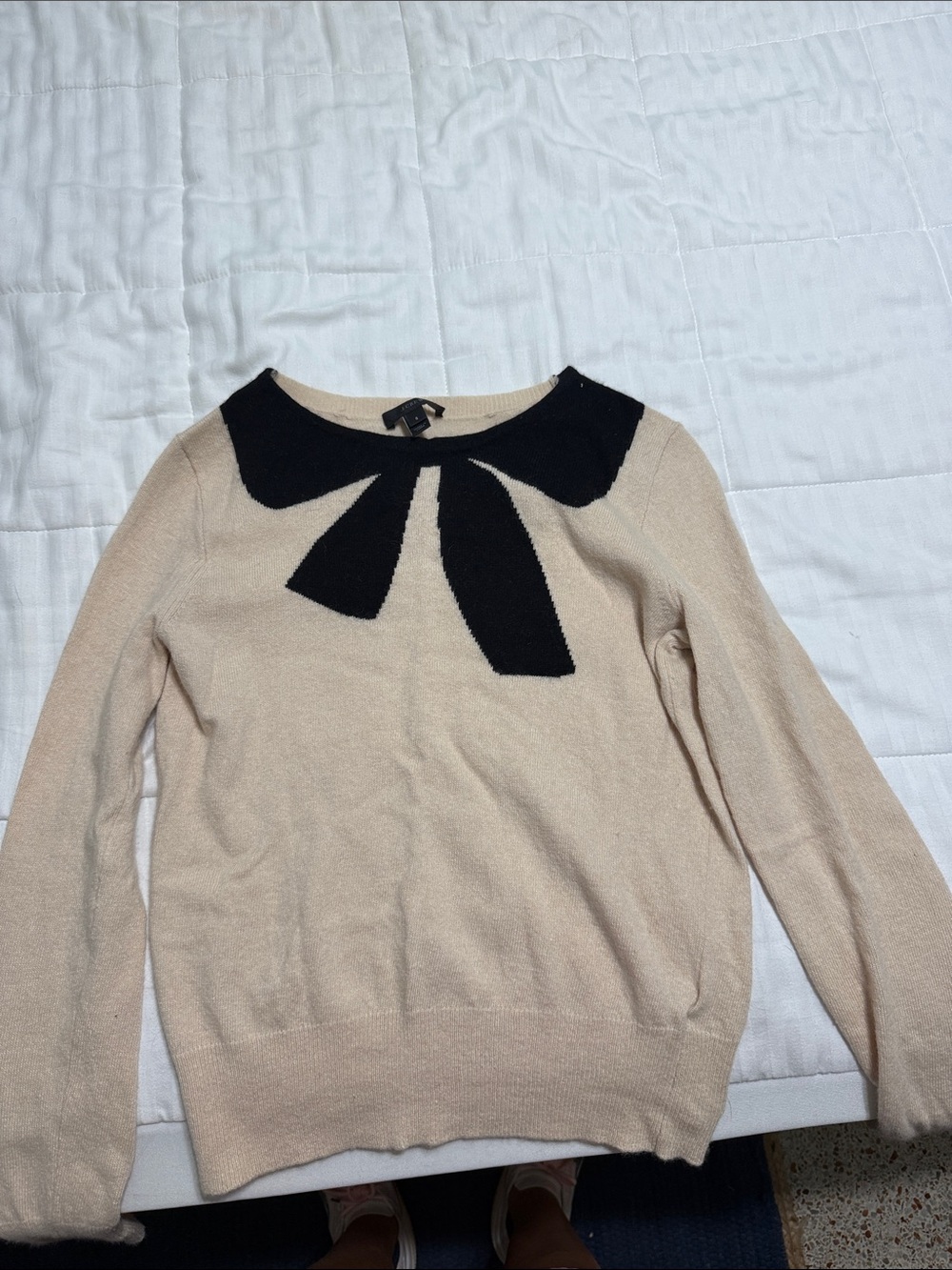 J. Crew Beige Crewneck Sweater with Black Bow Collar